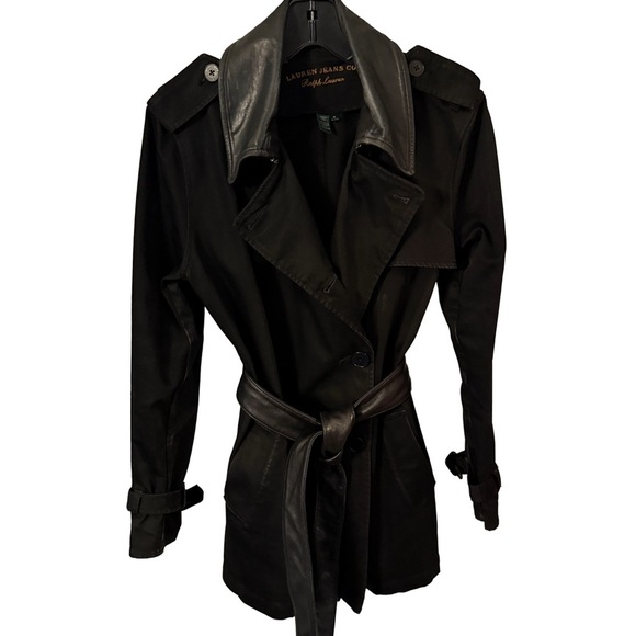 RALPH LAUREN Womens Black Denim Trench Coat Jacket Leather Collar Vtg Sz M - Picture 1 of 12